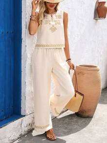 EMERY ROSE 女士V领无袖复古简约上衣和阔腿裤两件套 - 卡其色 - 查看 7