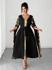 SHEIN Elenzya Đầm đen cỡ lớn Elenzya, đầm maxi dài tay cổ chữ V thanh lịch màu đen và họa tiết lá vàng, đầm thời trang và duyên dáng dành cho nữ cỡ lớn, thích hợp cho mùa xuân/thu. - màu đen - Xem 4