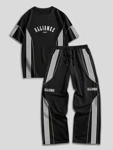 ROMWE MEN Men's Letter & Striped Round Neck Short Sleeve T-Shirt And Drawstring Waist Casual Pants Set - Black - View 1