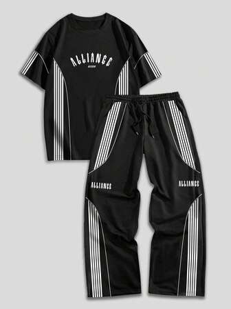 Set di t-shirt a maniche corte con scollo rotondo con lettera e righe e pantaloni casual con vita con coulisse per uomo