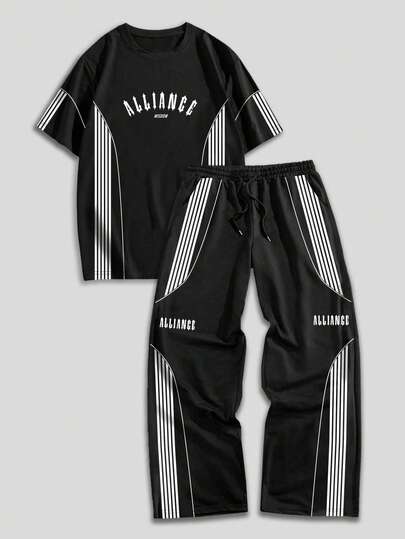 Set di t-shirt a maniche corte con scollo rotondo con lettera e righe e pantaloni casual con vita con coulisse per uomo