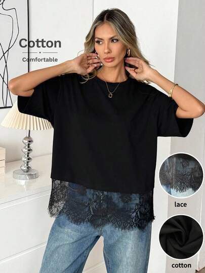 Easowa Women's Black Cotton Blend T-Shirt With Elegant Lace Hem Short Sleeve Round Neck Casual Top Comfortable Black Cotton T-Shirt With Lace Trim For Women Stylish Short Sleeve Crew-Neck Top Chic Black Lace Hem Cotton Blend Women's Relaxed Fit Short Sleeve Everyday Top Valentines Lace Trim Top Cotton Tops Casual Tops Casual Tops Women Spring Women Summer For Women New Year Party Top Black Top