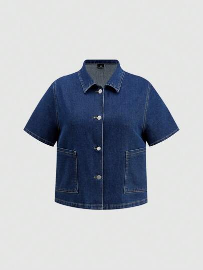 SHEIN MOD 大码女式休闲单排扣牛仔衬衫 夏季上衣 春季女装 情人节女装 沙滩装 外出上衣 休闲女式衬衫 经典纽扣衬衫带口袋 休闲蓝色牛仔上衣