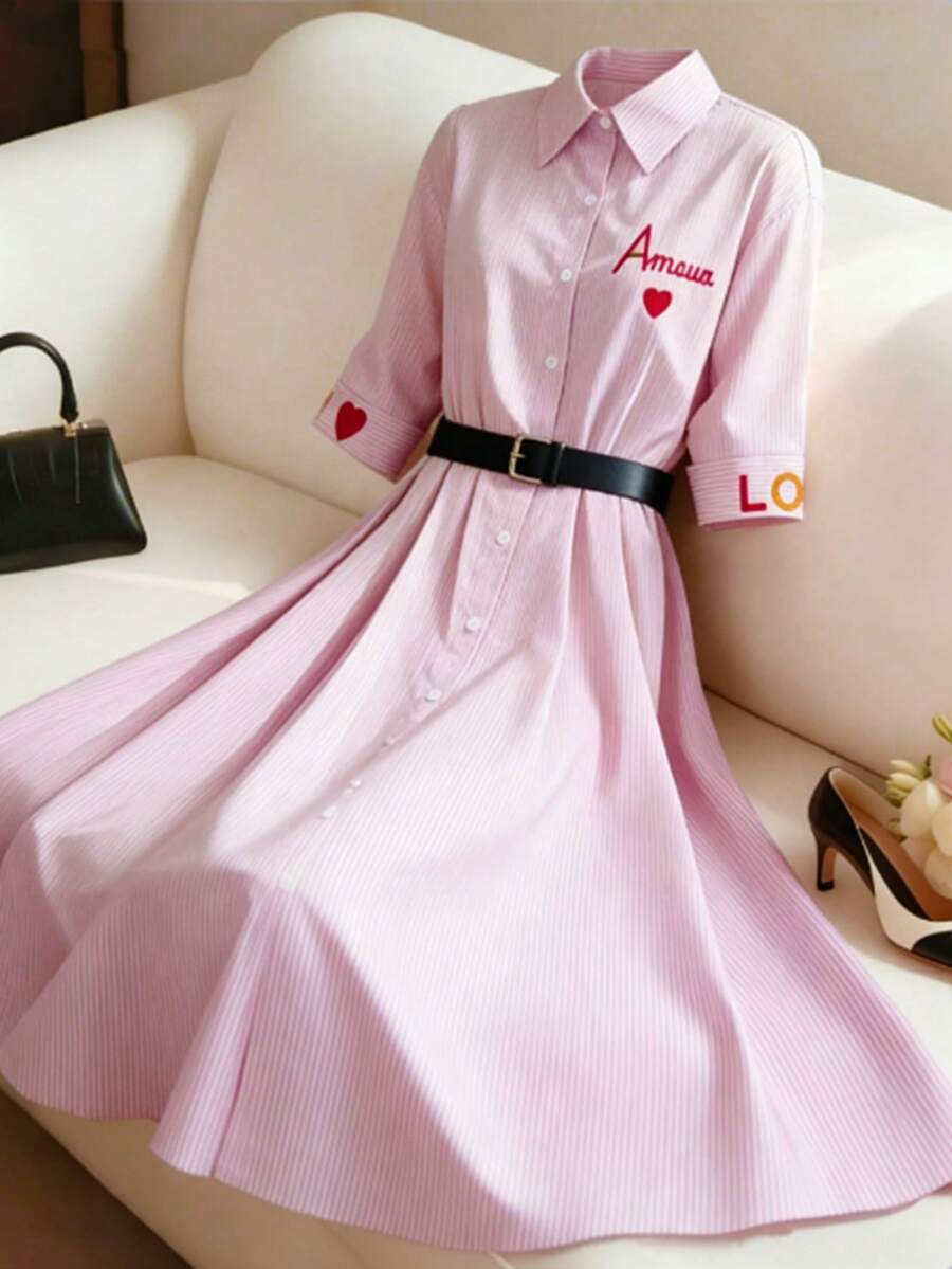 GlowEve CURVE Women's Elegant & Generous Daily Commute Loose Pink & White Striped Embroidered Maxi Dress - Multicolor - View 1