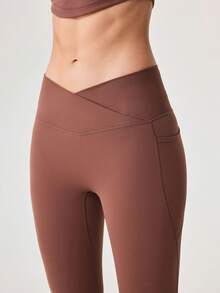 OutZeal 女式收腹吸湿排汗交叉腰喇叭裤运动紧身裤日常休闲 - 咖啡棕 - 查看 8