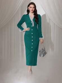 Modelyn Vestido de manga larga con ribete de contraste para mujer - Verde Oscuro - Ver 6