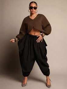 Vixey Áo thun dài tay cổ chữ V màu trơn, vạt áo bất đối xứng, kiểu dáng thường ngày. - màu nâu - Xem 3