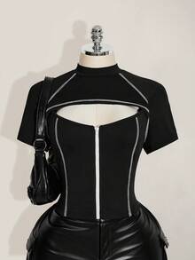 SHEIN ICON 加大码女式黑白撞色镂空拉链领T恤 - 黑色 - 查看 1