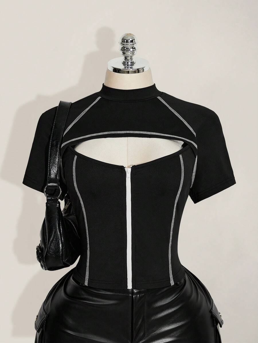 SHEIN ICON 加大码女式黑白撞色镂空拉链领T恤 - 黑色 - 查看 1