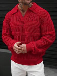Manfinity Homme Áo len nam dài tay cổ bẻ màu trơn, áo sơ mi nam móc len, áo len đỏ nam, áo len nam, áo len đỏ nam, áo len dệt kim nam, áo thun dệt kim nam - Đỏ - Xem 7