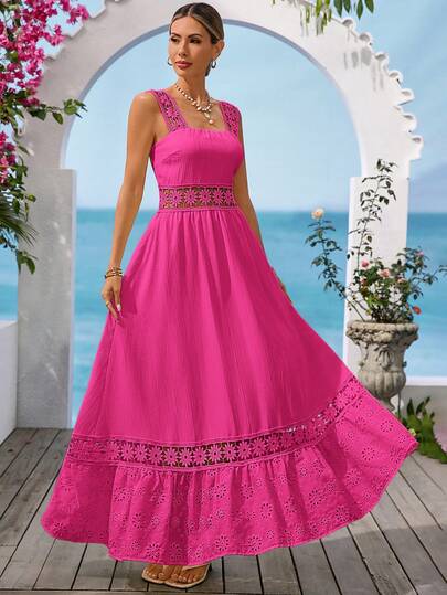 Vivid Eden Vestido de tirantes de línea A con textura de encaje floral de retazos de unicolor casual para vacaciones