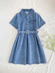 SHEIN Vintaside Kids Girls' Spring/Summer Turndown Collar Long Sleeve Fashionable Casual Washed Denim Dress - Blue - View 5