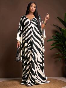 Veslaya 春夏新品，优雅度假、生日派对、宴会、返校、学院风、日常休闲、邮轮旅行、爆款、街头风、通勤、商务休闲、约会、聚会V领七分袖连衣裙，袖口开衩，大码版型，蝙蝠袖，黑米色斑马纹大码长裙，大码罩衫，动物纹大码，曲线大码上衣 - 彩色 - 查看 8