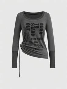 ROMWE EDITION Women's Casual Vintage Distressed Gothic Style Floral & Slogan Print Ruched Ring Strap Detail Long Sleeve T-Shirt, Spring/Autumn - Grey - View 8
