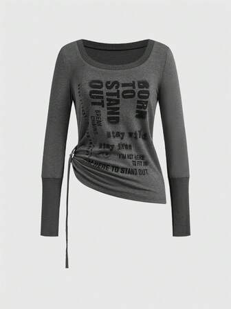 Grunge Punk Camiseta de manga larga con detalle de volantes y anillo, estampado floral y eslogan, estilo gótico vintage desgastado, casual para mujer, primavera/otoño