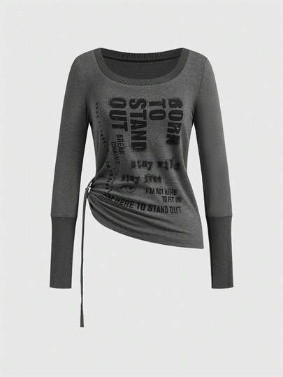 Grunge Punk Women's Casual Vintage Distressed Gothic Style Floral & Slogan Print Ruched Ring Strap Detail Long Sleeve T-Shirt, Spring/Autumn