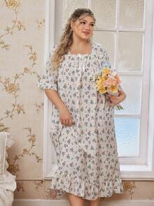 CottageSlumber 大码女士浪漫碎花方领短袖荷叶边长款睡裙，蝴蝶结装饰，适合春夏穿着 - 杏色 - 查看 6