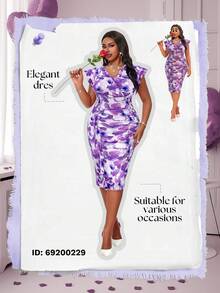 Fleurora Plus Size Women Tie-Dye Print V-Neck Flutter Sleeve Fitted Elegant Dress, Summer - Purple - View 7