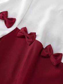 SHEIN Franclia 学院风红白蝴蝶结装饰收腰连衣裙 - 短袖设计，打造纤细优雅的身形，时尚别致的少女约会连衣裙 - 紅色 - 查看 5