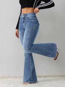 SHEIN Tall Quần jeans nữ dáng ôm, co giãn, ống loe. - Rửa nhẹ - Xem 1