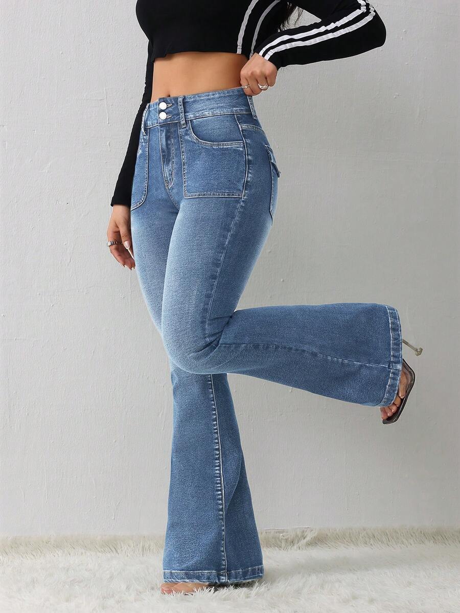 SHEIN Tall Quần jeans nữ dáng ôm, co giãn, ống loe. - Rửa nhẹ - Xem 1