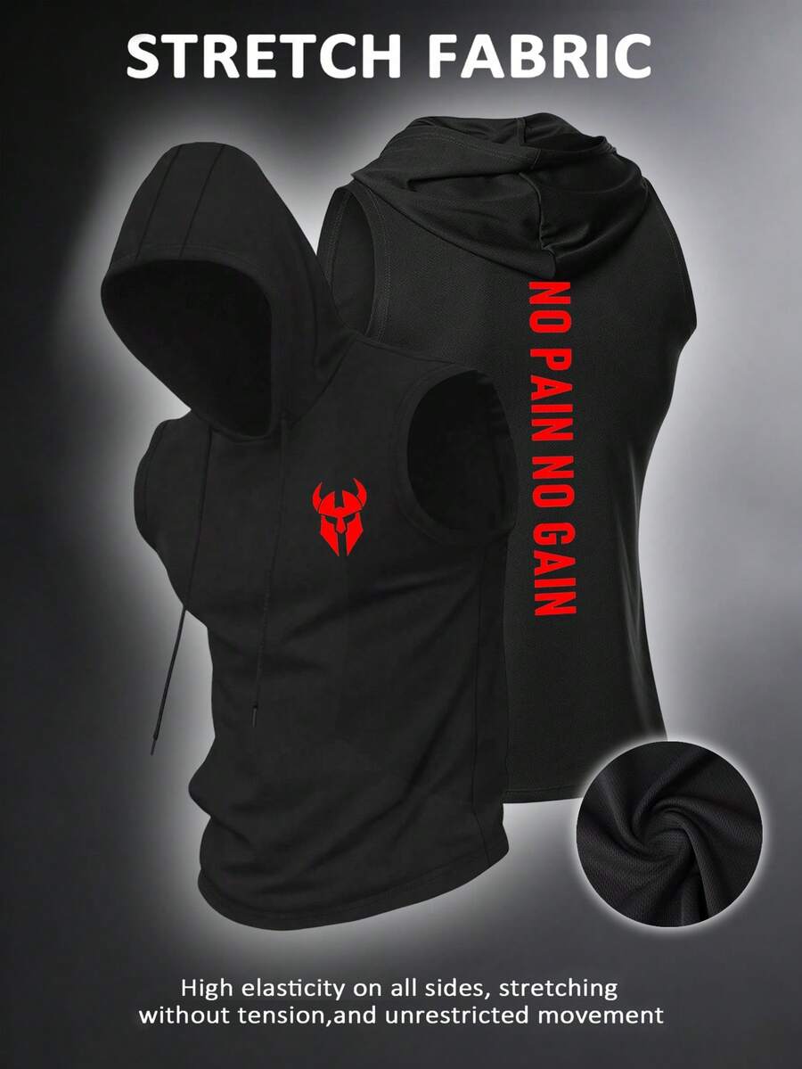 Manfinity Sport Corelite 男士无袖连帽拉链背心，黑色弹力面料，适合健身房锻炼，印有“No Pain No Gain”（没有付出就没有收获）字样的运动上衣，男士无袖连帽衫，健身连帽衫 - 黑色 - 查看 1