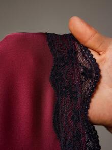 Truni Ensemble sexy en 2 pièces en satin, patchwork de dentelle rouge et noire pour femmes grande taille, pour la Saint-Valentin - Multicolore - Voir 10