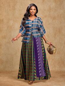 Brilight Bộ đồ hai mảnh thanh lịch cho tiệc Giáng sinh năm mới mùa xuân và mùa hè dành cho nữ Áo khoác mùa đông buộc dây và váy dài in họa tiết tương phản màu sắc Bộ đồ đơn giản đi làm ôm sát Quần áo Lễ tạ ơn Váy thu thanh lịch Trung Đông Bộ đồ hai mảnh dành cho nữ - Màu xanh lam - Xem 5