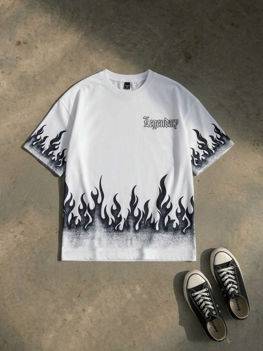 Manfinity Unisex Men Knitting Casual Los Angeles Letter And Flames Graphic Printed Jersey Tee, Fashion, For Rapper, For Going Out, Summer, 2000s Style, Couple Things - Black and White - View 1