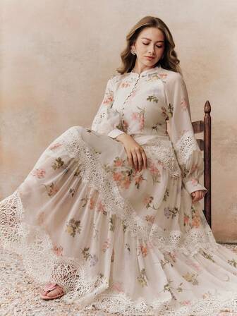 Anewsta Vestido de Manga Longa com Estampa Floral Elegante e Recorte de Renda para Mulheres Plus Size