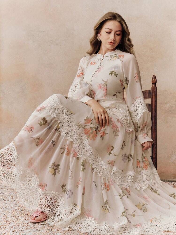 Vestido de manga larga con estampado floral, encaje y talla grande para mujer