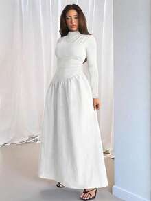 Firerie 女士优雅纯黑色提花针织拼接修身长款连衣裙，适合春、秋、冬三季穿着，高领长袖中长连衣裙，适合通勤/度假/海滩/浪漫约会/情人节/音乐会/演出/婚礼/返校/教师节/下午茶聚会等场合。 - 白色 - 查看 4