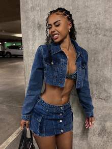 StreetHx Conjunto de chaqueta vaquera corta y falda vaquera mini con bajo deshilachado para mujer, estilo de moda casual y urbano para uso diario, primavera/verano/otoño - Azul lavado oscuro - Ver 7