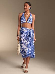 Swim Oasis 3pcs/Set Fashionable Print Design Swimsuit Set With Beach Cover-Up, Summer - Blue and White - View 6