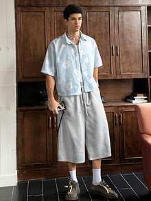 SWAVVY Pantalones casuales sueltos de 7/8 para hombres, gris claro con bordado, cintura elástica con bolsillos, para verano - Gris Claro - Ver 7