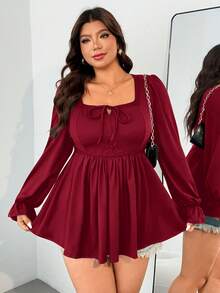 Enliva Áo thun dài tay dáng chữ A co giãn dành cho nữ, tay dài, chi tiết ren buộc dây ở cổ, thích hợp cho mùa thu/đông, dành cho dáng người quả táo và tròn trịa. - Màu Đỏ Sâu - Xem 6