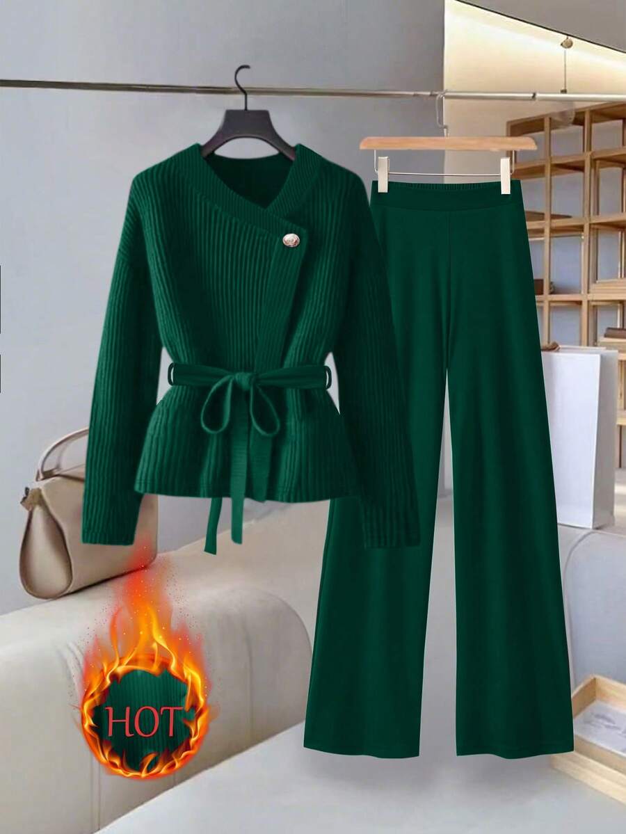 GlowEve 女士秋冬时尚加厚腰带上衣和裤子两件套 - 墨綠色 - 查看 1