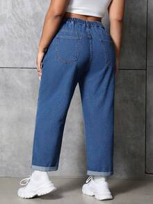 SHEIN ICON Jeans ajustados de talle alto de estilo casual para mujer de talla grande, versátiles para el uso diario - Azul lavado medio - Ver 2