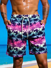 Manfinity Swimmode 男士夏季度假休闲渐变热带棕榈树印花抽绳腰带斜插口袋宽松沙滩短裤 - 霧霾藍 - 查看 3