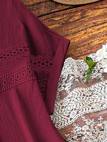 Linhara Plus Size Women Solid Color Lace Hollow Out Sleeveless Dress - Red - View 4