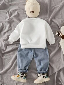 SHEIN 2pcs Baby Boy Casual Set: Round Neck Long Sleeve Bear & Letter Print Sweatshirt And Denim Pants Baby Boy Clothes Long Sleeve Baby Boy Clothes Streetwear Baby Boys Outfit Boy California Outfit Baby Boys Tracksuits Baby Casual Outfit  Baby Boy Fall Outfits Winter - Multicolor - View 2