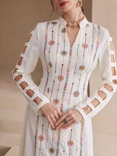 Al Najma Vestido árabe de manga larga bordado de manera tradicional para mujeres