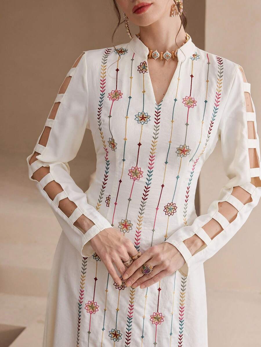 Al Najma Vestido árabe de manga larga bordado de manera tradicional para mujeres - Albaricoque - Ver 1