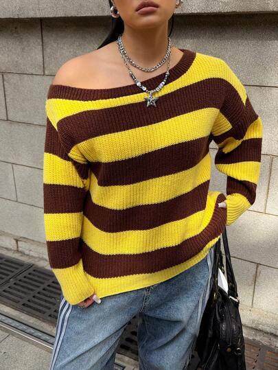 Muchica Plus Size Casual Colorblock Striped Asymmetric Collar Sweater, Autumn/Winter