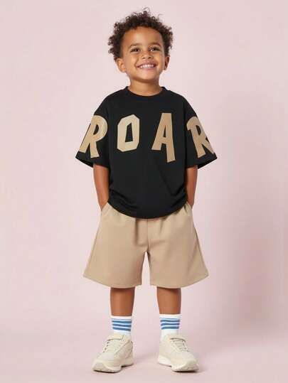 SHEIN 2pcs Kids Boys Casual Everyday Comfortable Letter Print Graphic Crew Neck Short Sleeve T-Shirt And Solid Shorts Set