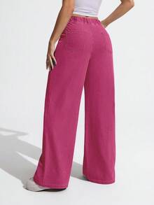 Flexra Plus Size Women Casual Elastic Waist Loose Wide Leg Jeans - Hot Pink - View 2