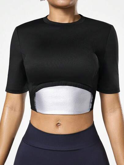 Seamluxe SHEIN Sport 休闲百搭黑色反光银色修身吸汗健身运动短袖网眼运动上衣（女款）