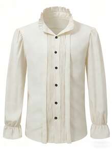 Manfinity Roghcode Áo sơ mi nam dài tay cổ đứng màu trơn, kiểu dáng vintage, áo sơ mi nam kẻ sọc, áo sơ mi nam dài tay màu kem cài nút, cổ tay áo bèo nhún. Thích hợp cho phong cách cổ điển, mặc hàng ngày, đi chơi cuối tuần, hoạt động ngoài trời, du lịch, môi trường làm việc thoải mái hoặc các dịp bán trang trọng, quà tặng cho bạn trai/chồng, quà kỷ niệm/sinh nhật, tiệc tùng, kỳ nghỉ hè, lễ hội, năm mới, đám cưới, ngày Valentine. Áo sơ mi nam xếp ly phía trước, áo sơ mi Manfinity Dauomo, áo sơ mi nam cổ bèo nhún. - Màu be - Xem 4