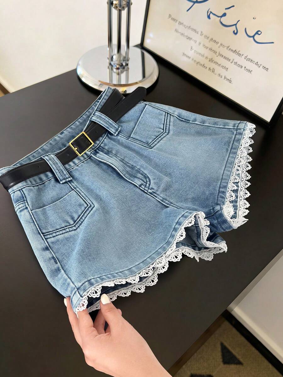 GlowEve 女士休闲水洗蕾丝边牛仔短裤