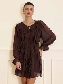 Aveloria Rosie French Ruffle V-Neck Asymmetrical Layered Long Sleeve Dress - Brown - View 5